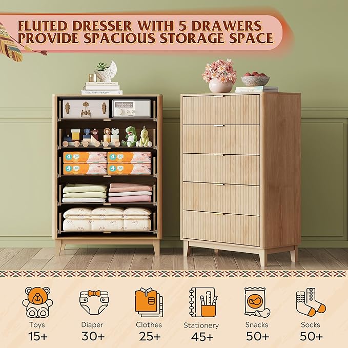 WLIVE Fluted Dresser for Bedroom with 5 Drawers, 46.26" Tall Wooden Dresser with Golden Metal Handles, Mid Century Modern Chest of Drawers for Living Room, Hallway, Closet, Natural Oak