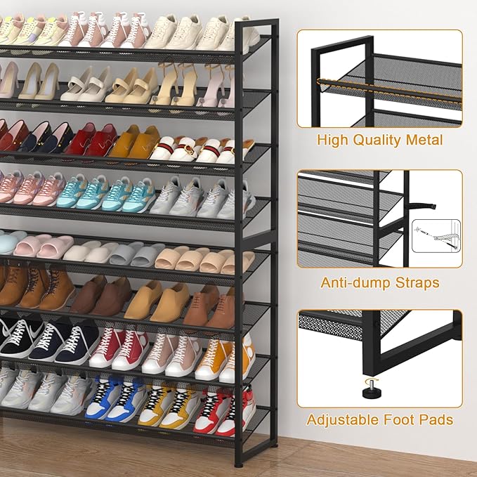 NEYCIL Large Shoe Rack 8 Tier Shoe Organizer, Heavy Duty Metal 4-Tier Stackable Shoe Storage Vertical Shoe Rack for Closet Front Door Entrance, Up to 50 Pairs, 44.8" W x 11.4" D x 56.7" H, Black