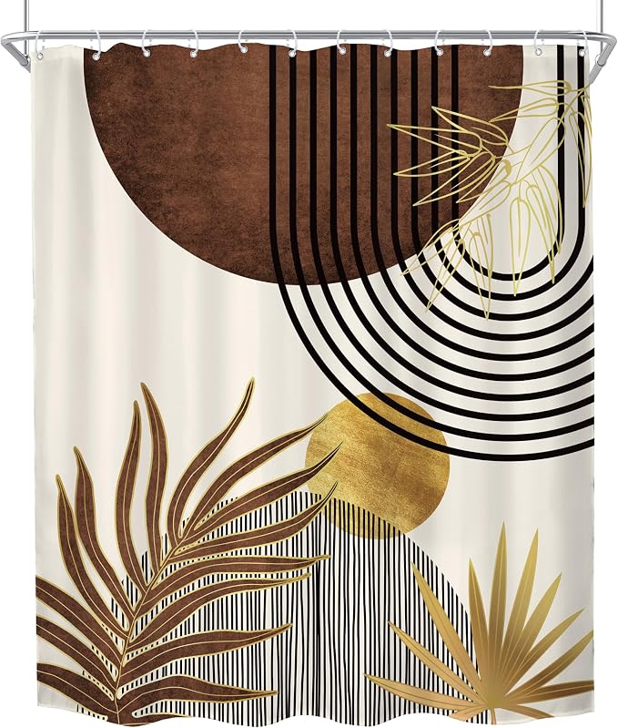 KOMLLEX Mid Century Brown Boho Shower Curtain for Bathroom Decor 72Wx84H Inches Abstract Modern Beige Gold Minimalist Bohemian Geometric Simple Fabric Waterproof Polyester 12 Pack Hooks Pack Hooks