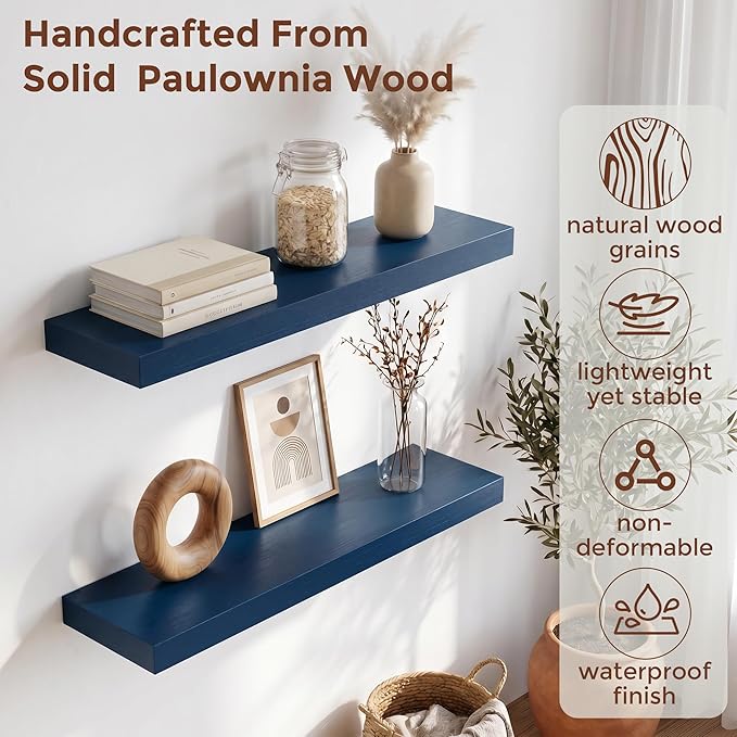 fuqing Dark Blue Floating Shelves | 24 Inch Floating Shelves for Wall Set of 2 | 24" W x 6.7" D x 1.4" H Blue Shelves for Bathroom Living Room Bedroom Kitchen