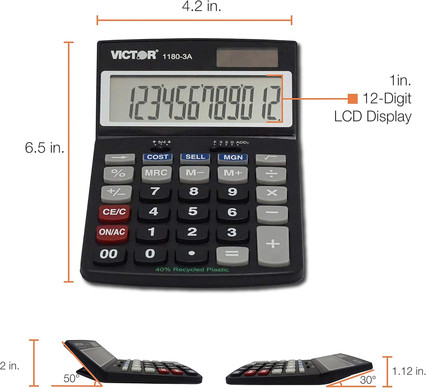 Victor 1180-3A 12-Digit Calculator - Battery & Solar Hybrid | Adjustable Angle LCD Display, Black