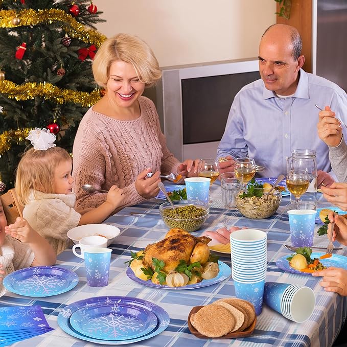 96 Pieces Frozen Iridescent Winter Snowflake Birthday Party Supplies Snowflake Tableware Set Disposable Paper Plates Cups Napkins Serve 24 Guests for Christmas Winter Wonderland Decorations