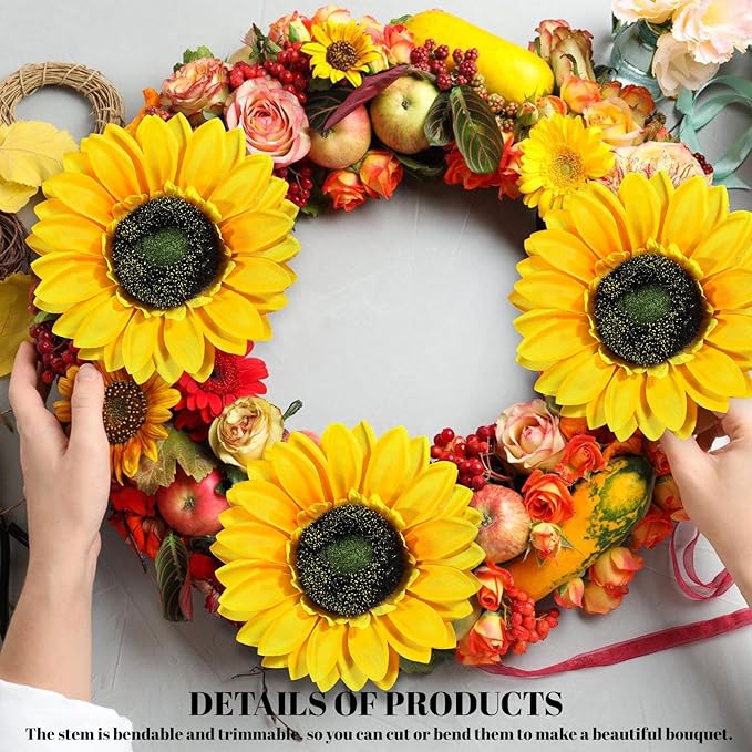 8 PCS 5.9" W x 24.8" H Large Sunflowers Artificial Flowers with Long Stems Silk Fake Big Sunflowers Bouquet Faux Sunflower Arrangement for Home Vase Table Wedding Garden DIY Fall Decor