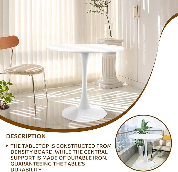 Round White Dining Table Modern Kitchen Table with Pedestal Base in Tulip Design, Mid-Century Leisure Table for 2 to 4 Person，for Kitchen, LivingRoom, Restaurant, Office, Cafe（31.49inches）