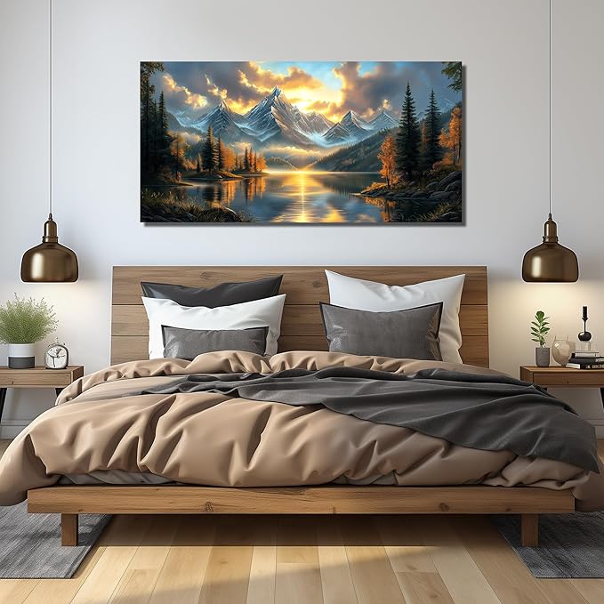 JuhaiArt Large Mountain Lake Wall Art Gold Picture Nature Artwork Landscape Canvas Decor for Living Room Bedroom Office Scenery Art 29" x 59"