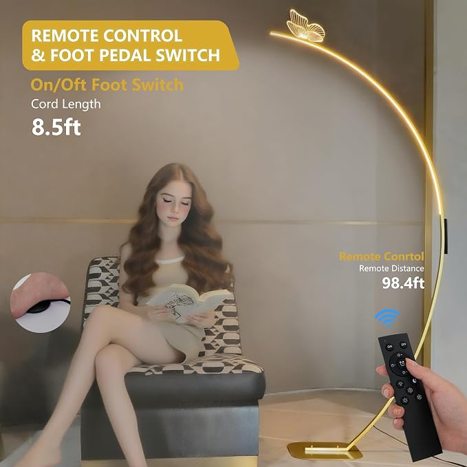 Modern Butterfly Arc Floor Lamp - Dimmable 2000 Lumens Arched Floor Lamp with Remote Control, 3 Color Modes & Foot Switch, Elegant Arc Floor Lamps for Living Room, Bedroom, Office Decor (Gold)