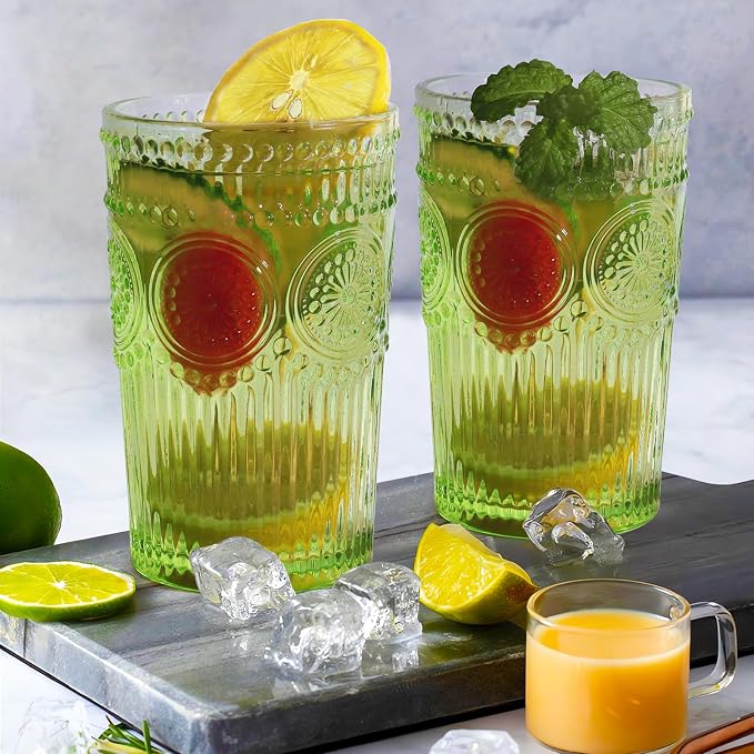 Loivttvv 6pcs Vintage Drinking Glasses Set, 12 oz Green Highball Glasses, Embossed Ribbed Glassware Cups for Cocktail, Water, Juice, Coffee, Whiskey