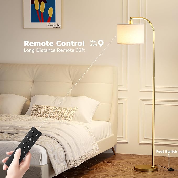 Ambimall Arc Floor Lamp with Remote and Stepless Dimmable Bulb, Colors Temperature & Brightness Adjustable, Gold Floor Lamps for Living Room（Deep Beige Shade & Gold Pole）