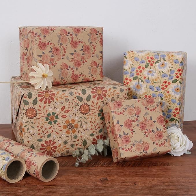 Aimyoo Kraft Floral Wrapping Paper Bundle, Vintage Spring Flowers Rose Gift Wrap Paper for Wedding Bridal Shower Birthday, 3 Rolls 17 in x 16 ft per Roll