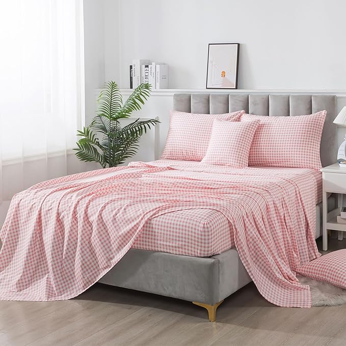 FADFAY Pink Plaid Twin Size Sheets 100% Cotton Geometric Checker Bedding Teens Grid White Gingham Pattern College Bedding Deep Pocket Sheets with 2 Pillowcases Ultra Soft 4pcs, Twin Size
