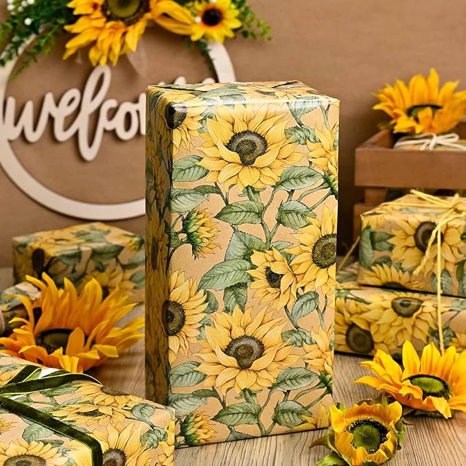 MAYPLUSS Kraft Sunflowers Gift Wrapping Paper - Vintage Elegant Sunflowers Floral Gift Wrap Paper for Women Birthday, Christmas, Baby Shower, Mothers Day, Thanksgiving, Holiday - 17 Inches X 33 Feet