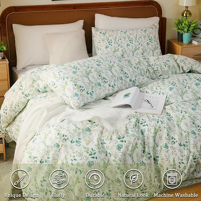 100% Cotton Duvet Cover Sets Queen Size Reversible Green Garden Bedding Sets Duvet Cover Super Soft Comforter Cover with Zipper Closure, Lightweight, Breathable