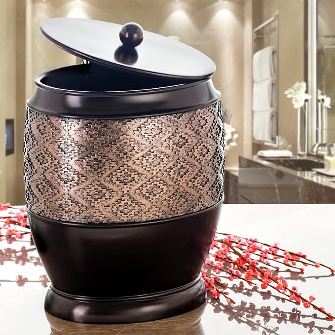 Creative Scents Dublin Brown Small Bathroom Trash Can with Lid - 1.3 Gal / 4.8L Decorative Oval Waste Basket - Durable Resin Garbage Can for Bathroom, Bedroom, Office Decor - Mini Wastebasket Bin