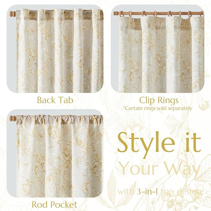jinchan Floral Curtains 63 Inch Length Mustard Yellow Flower Linen Farmhouse Curtain for Living Room French Country Vintage Curtain Rod Pocket Curtains Set 2 Panels Floral Printed