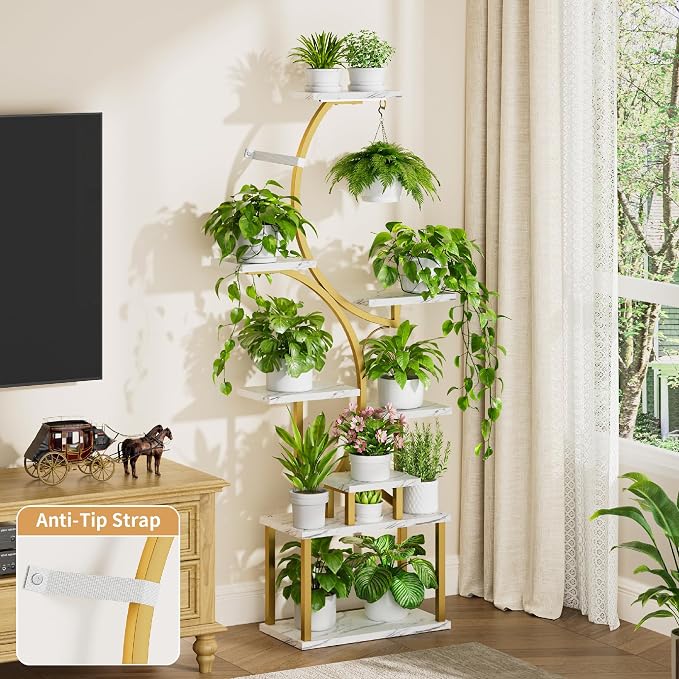 Plant Stand with Grow Lights for Indoor Plants, 8-Tiered Tall Corner Plant Shelf with Full Spectrum Light, S-Shaped Space-Saving Narrow Flower Holder, Anti-Tip for Living Room Bedroom, Faux Marble