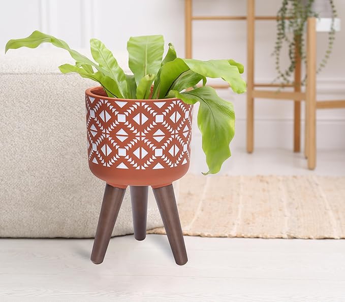 D'vine Dev 8 Inch Planter Pot with Stand, Mid-Century Tall Plant Pot with Legs for Indoor Plants, Pottery Red Terracotta/White, 88-G-A-5