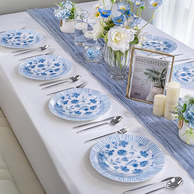 U-QE 50Pcs Blue Plastic Plates - Botanical Stripes Plates Disposable Heavy Duty, Fancy Floral Pattern Perfect for Weddings, Tea Parties, Holidays - 10.25" Dinner & 7.5" Dessert Plastic Plate