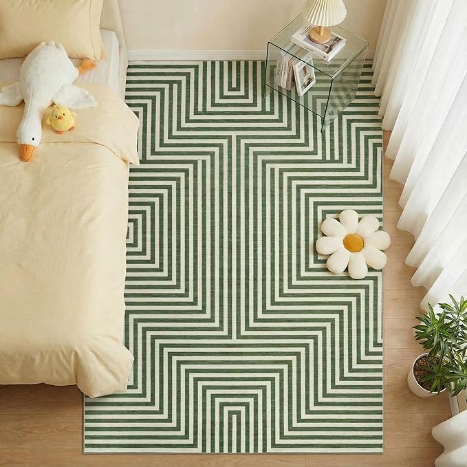 6x9 Washable Area Rugs for Living Room Modern Geometric Rug Non Slip Abstract Lines Soft Bedroom Carpet Low Pile Floor Mats for Bedroom Dining Home Office, Green