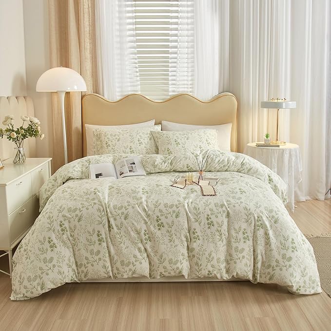 EAVD Reversible Botanical Floral Duvet Cover King Soft Cotton Chic Shabby Garden Green Floral Bedding Set with 2 Pillowcases Fresh Vintage Style Green Floral Comforter Cover with Zipper Closure