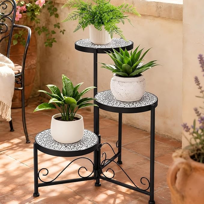 3 Tier Mosaic Plant Stand Foldable Corner Shelf for Indoor Outdoor Tall Plant Holder Display Rack for Patio Balcony Living Room Garden Decor