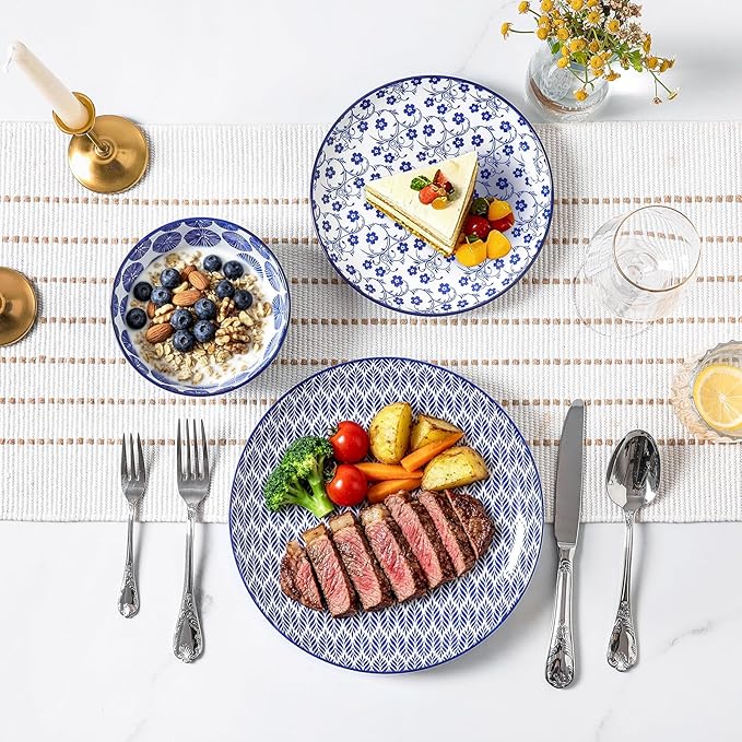 Selamica Ceramic Plates and Bowls Sets,24 Pieces Dinnerware Sets for 8,Scratch Resistant Dish Set for family gathering,Dishwasher & Microwave Safe, Vintage Blue