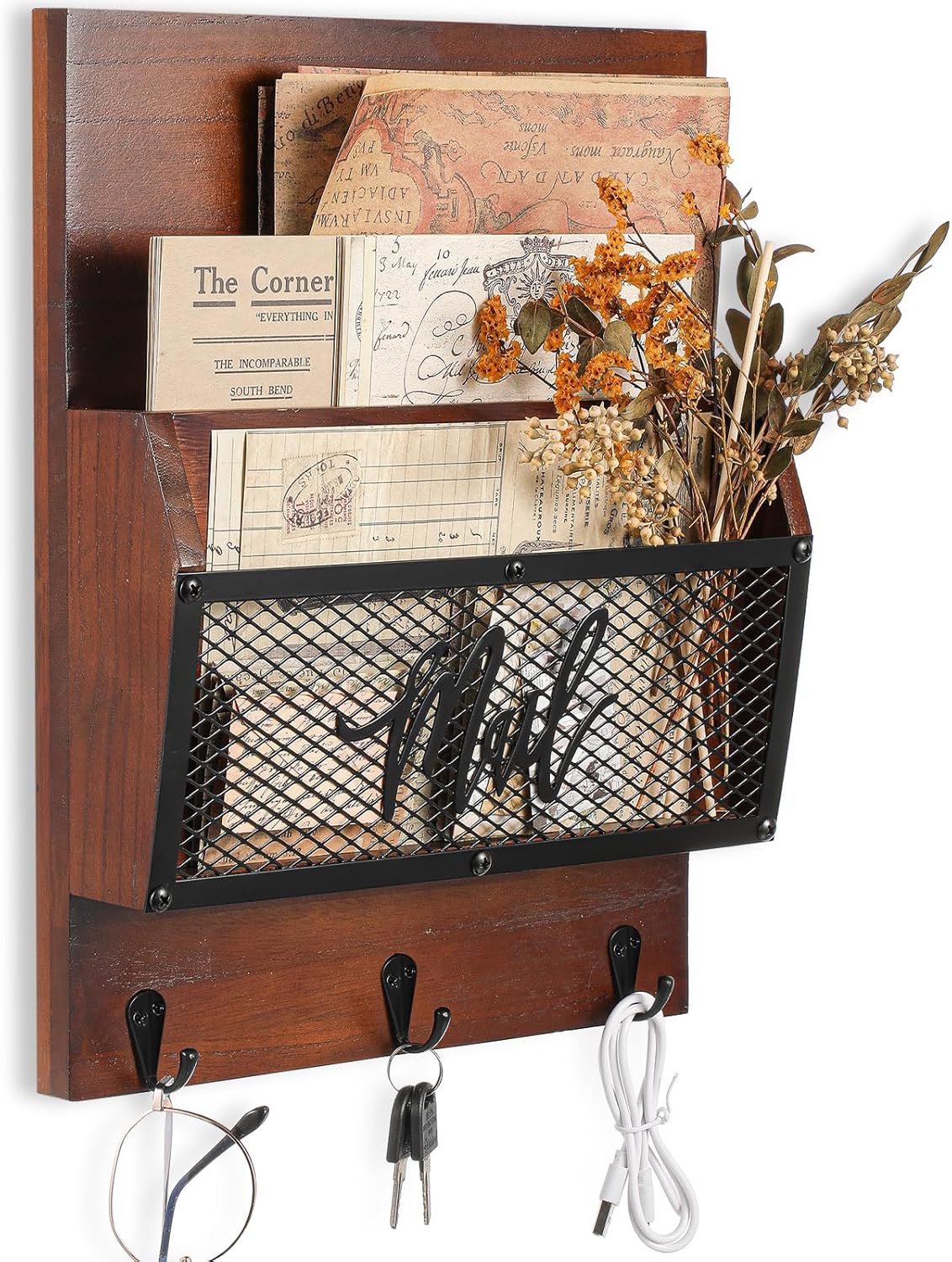 Yalikop Farmhouse Mail Organizer - Rustic Wall-Mounted Holder with 3 Hooks for Letters & Keys | Dark Brown