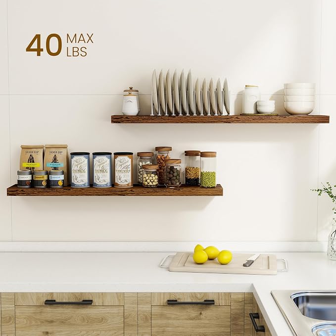 Dreamland 40Inch Floating Shelves for Wall, Rustic Wooden Storage Shelf for Living Room, Kitchen, Farmhouse, Wall Mounted Display Shelving with Invisible Heavy-Duty Metal Bracket, Set of 2 - Brown