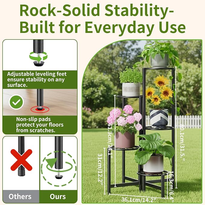 Plant Stand Indoor Outdoor, 5 Tier Corner Metal Flower Display Holder Stand, Folding Tall Plant Rack for Patio Balcony Porch Garden Living Room House, Heavy Duty Wrought Iron Plant Shelf - BlackS