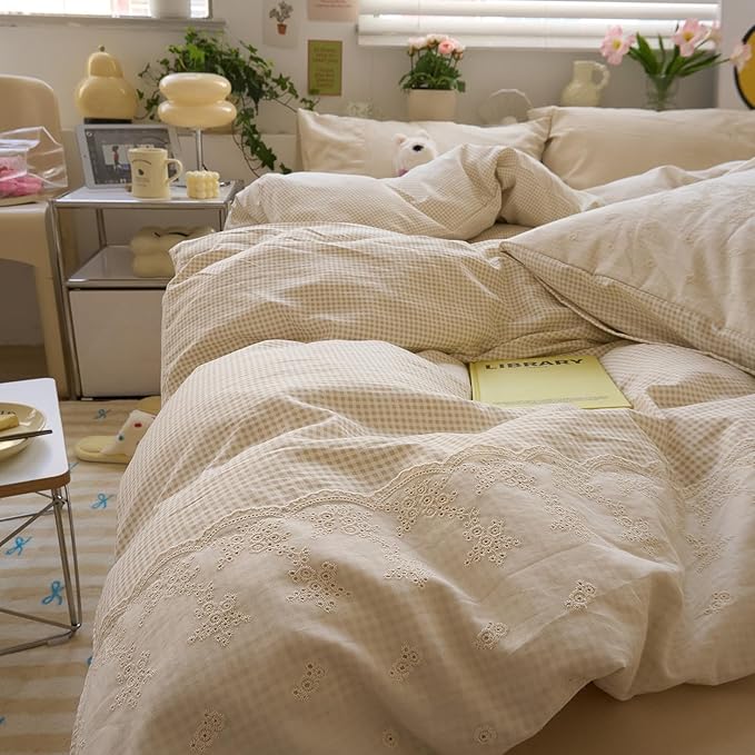 LifeTB Tan Gingham Comforter Set King Romantic Lace Bedding Beige Plaid Comforter Set Vintage Grid Checkered Pattern Comforter with 2 Pillowcases Farmhouse Taupe Plaid Gingham Bedding Set
