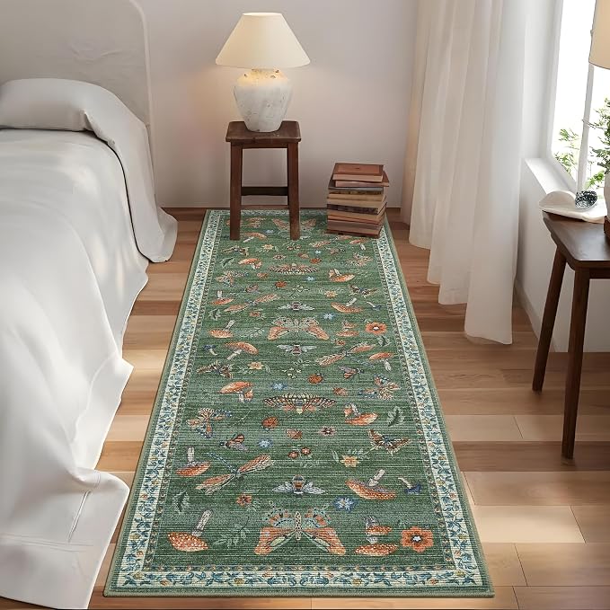 Washable 2x6 Vintage Runners for Hallway Entryway Retro Distressed Kitchen Carpet Runner Low Pile Soft Bedside Boho Carpet Non Slip Bath Rug Non Shed Thin Floral Accent Carpets, Green