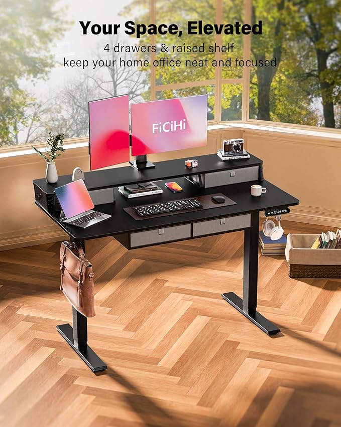 FiCiHi Adjustable Height Standing Desk with 4 Drawers,48 x 24 inches Electric Sit Stand Home Office Desk with Two Tiers, 3 Memory Presets, Monitor Stand Riser, C-Clamp Mount Compatible