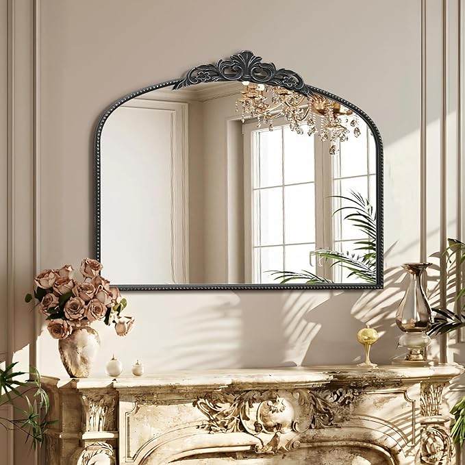 Micasso Large Vintage Black Mirror: 40"x29" French Baroque Antique Arched Mirror - Traditional Ornate Decorative for Wall/Fireplace/Mantel/Entryway/Bathroom/Hallway - Home Decor for Living Room