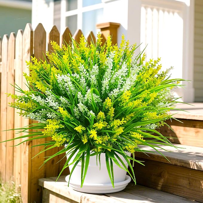 Artificial Plants Outdoor, 20 Pcs Fake Flowers UV Resistant Outdoor Fake Plants, Lavender Artificial Flowers Plastic Fake Faux Flowers Shrubs for Home Porch Garden Yard Window Box (Yellow White)