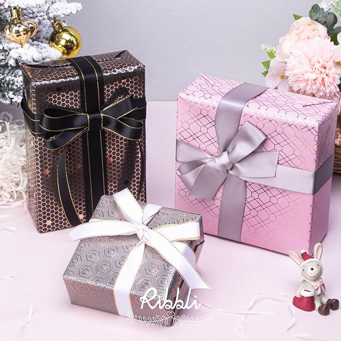 Ribbli Rose Gold Pink Birthday Wrapping Paper Mini Roll, 3 Rolls Grey Pink Black Geometry Pattern with Rose Gold Foil for Valentines Day Mothers Day Wedding - 17 inch x 120 inch(10feet) Per Roll