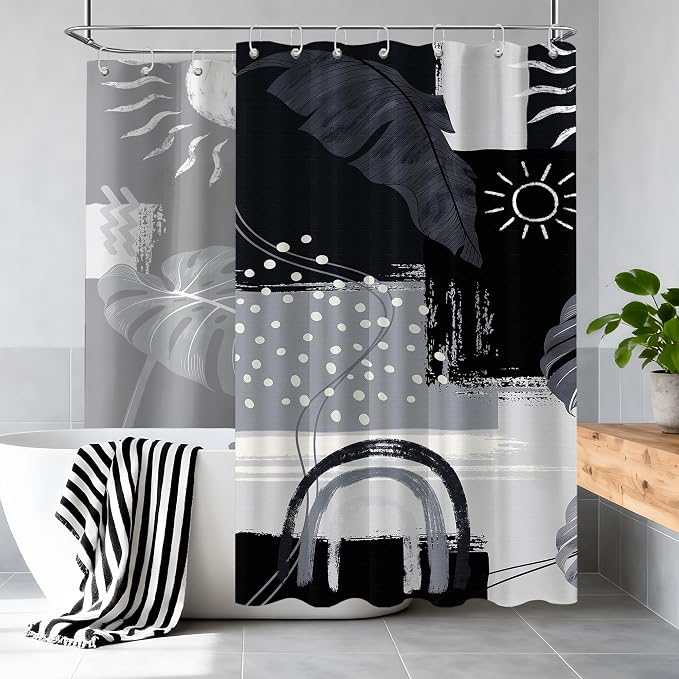 Extra Long Shower Curtain Extra Tall Black and Gray XL Black and Grey Abstract Shower Curtains for Large Bathroom Decor Sets, Waterproof Cloth Fabric with Hooks, 108x72 Inch