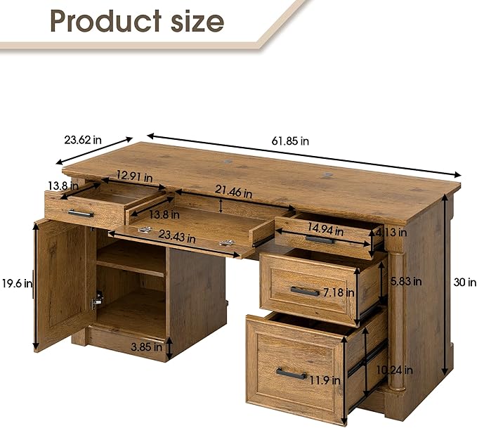 61.85″ Executive Desk with Roman Column Design, Large Boss Office Desk 3 Drawers incl. File Drawer, Keyboard Tray, Cabinet Shelf with Door, Vintage Oak