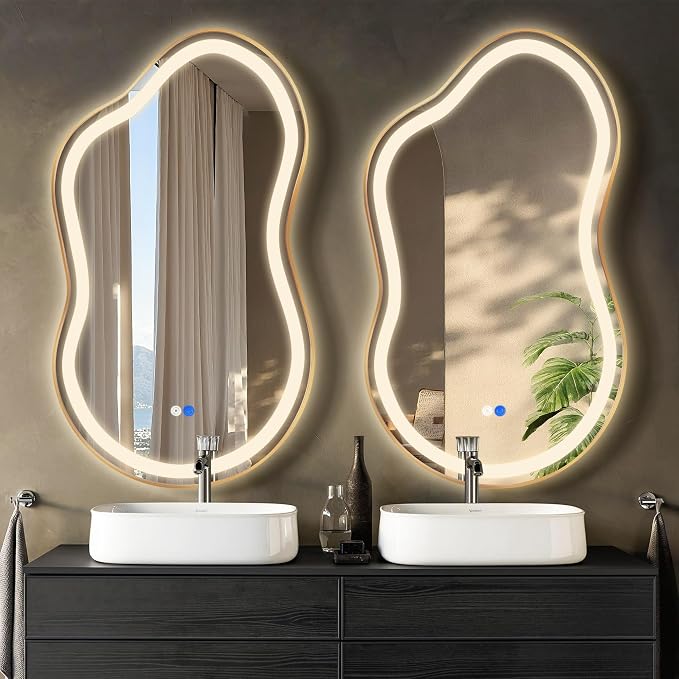 Dorlicecass Irregular Led Bathroom Mirror- Gold 20"x36" Single Piece Vanity Mirror with Lights IP54 Enhanced Anti-Fog, 3 Colors Dimmable, Memory,Tempered Glass,UL Listed