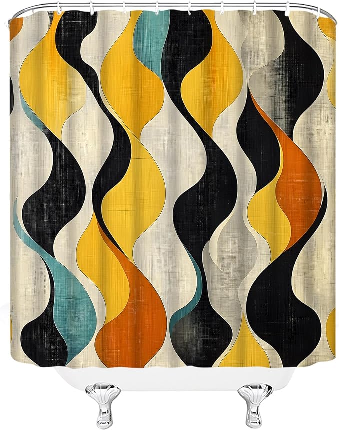 Mid Century Shower Curtain Boho Minimalist Modern Abstract Aesthetic Geometric Striped Atomic Retro Earthy Fabric Bathroom Decor Set with Hooks(59" Wx70 H)