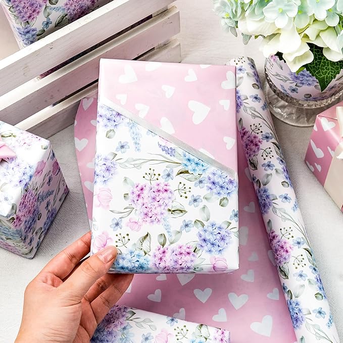 Yarcony Blue Floral Wrapping Paper Roll - Mini Roll,17 Inch X 33 Feet - Elegant Watercolor Hydrangea Flower Gift Wrap for Wedding, Bridal Shower, Anniversary, Mother's Day, Birthday