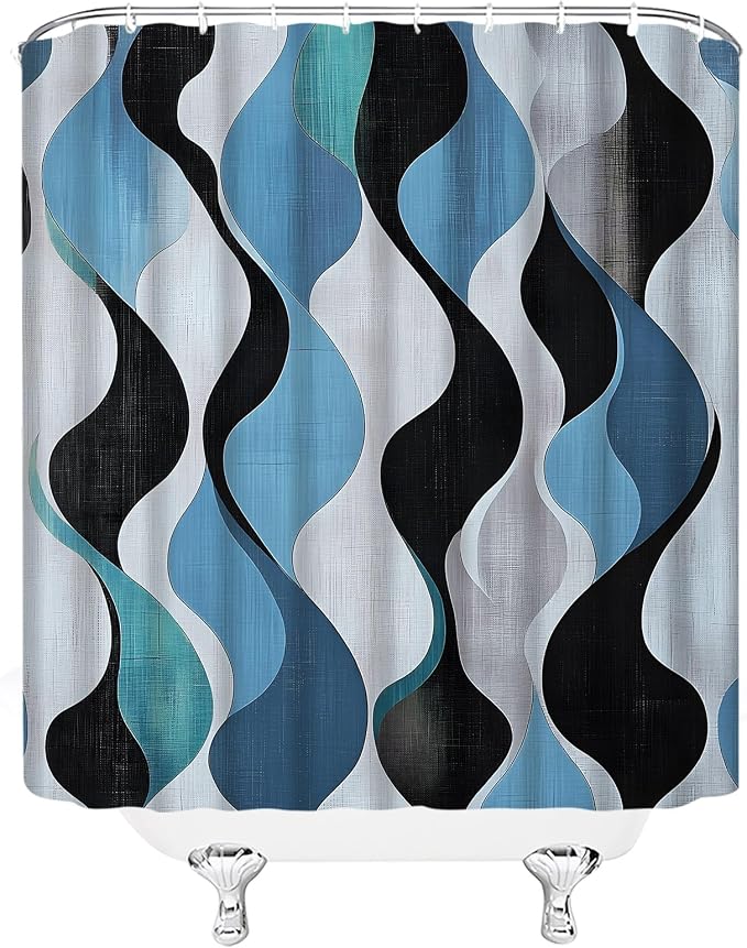 Mid Century Shower Curtain Boho Minimalist Modern Abstract Aesthetic Geometric Striped Atomic Retro Earthy Fabric Bathroom Decor Set with Hooks(78" Wx70 H)