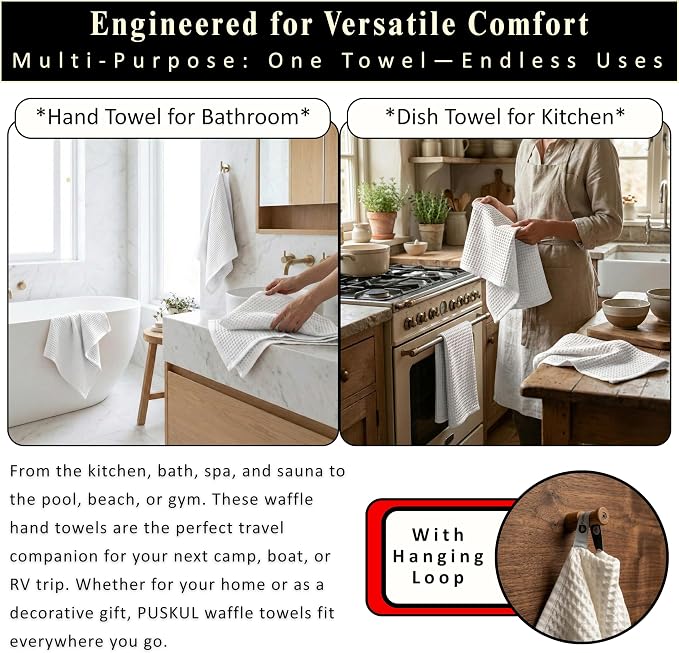 PÜSKÜL Natural 100% Turkish Cotton Waffle Kitchen Towels Set of 3 | Oeko-Tex, Premium Waffle Hand Towels for Bathroom | Soft Absorbent Quick-Dry Lint-Free Dish Towel Large 32x16 inch (3, White)