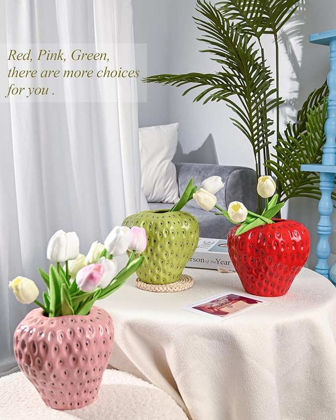 DN DECONATION Red Strawberry Vase, Strawberry Ceramic Flower Vases for Colorful Girly Home Decor, Decorative Cute Vase for Strawberry Party Decorations