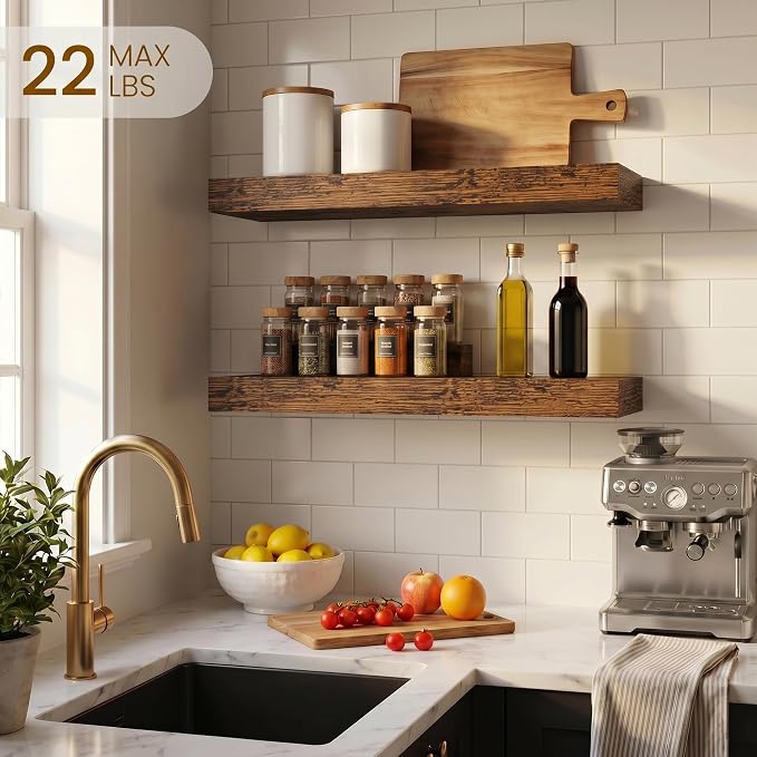 Dreamland Floating Shelves, Wall Mounted Shelves for Storage and Home Decor, Rustic Wood Shelves for Bathroom, Living Room, Bedroom and Kitchen, 16" x 6.7" Set of 2