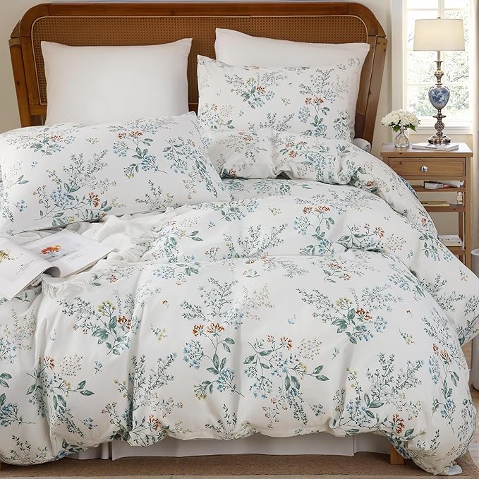 100% Cotton Duvet Cover Sets Queen Size Garden Chic Floral Duvet Cover with Zipper Closure Botanical Coquette Bedding Set Ultra Soft & Breathable