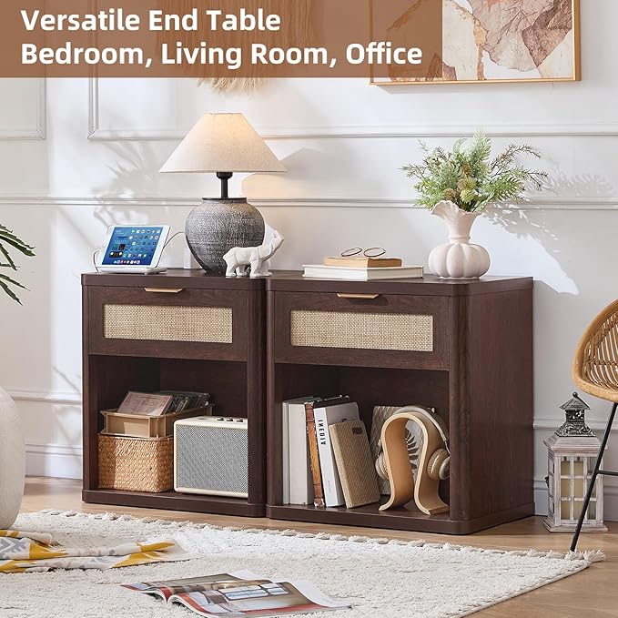 LEYAOYAO Rattan Nightstands Set of 2 with Charging Station, 23" Wide Boho Night Stand with Drawer, Walnut Bedside Table Open Cabinet, Bed Side End Table Dresser for Bedroom, Living Room, Hallway