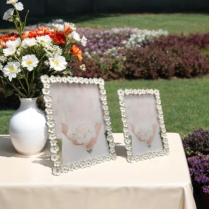 Vintage Floral Metal 4X6 Picture Frame with Enamel Finis Glass Front - Ornate Antique White Flowers Photo Frame Tabletop/Wall Display Gifts for Women Wedding