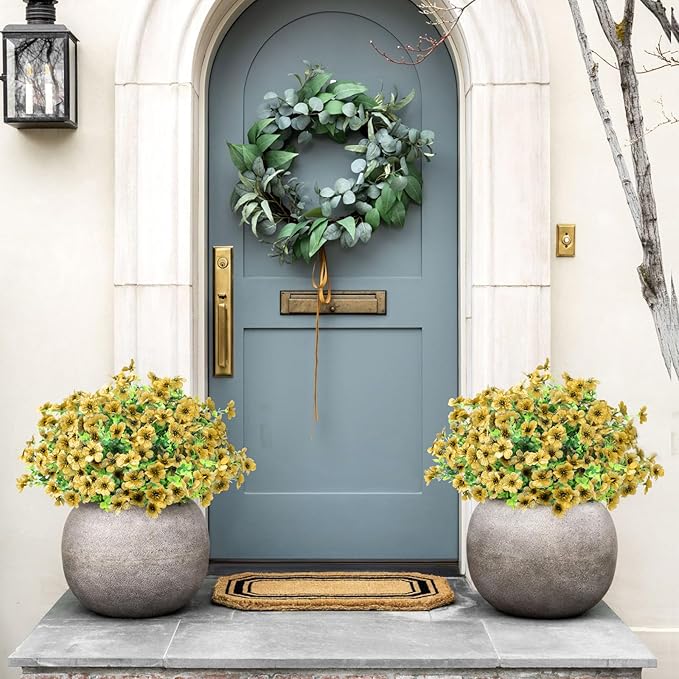 Artificial Flowers Outdoor Faux Plants UV Resistant Fake Patio Flowers Plastic Greenery Plnats Outside Bulk for Spring Garden Hanging Planter Home Vase Decor, 12 Bundles (Yellow)
