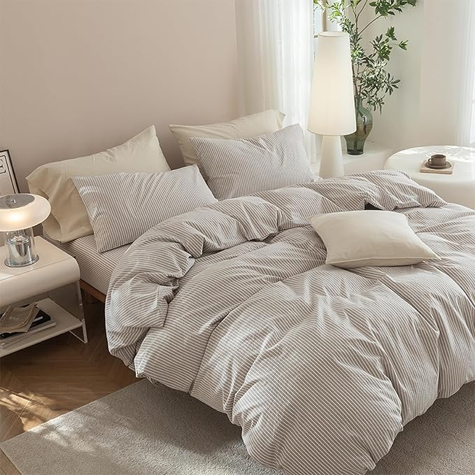 JIYUAN 100% Washed Cotton Striped Duvet Cover Set 3 Pieces King, 1 Duvet Cover and 2 Pillowcases(Comforter Not Included),Linen Like Bedding Set Comfy and Breathable,Pinstripes-Heathered Taupe White