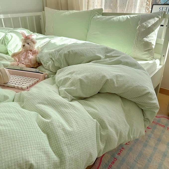 LifeTB Green Gingham Comforter Set Queen Romantic Lace Style Checkered Pattern Comforter Set Farmhouse Green Grid Plaid Bedding Comforter Lightweight Fluffy Soft Gingham Bedding Set Queen Size