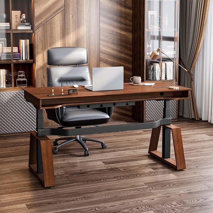 EUREKA ERGONOMIC Ark Standing Desk, 63 inch Executive Desk with Drawers,Modern Trapezoidal Leg Luxury Home Office Computer Desk w Monitor Stand Smart APP Control, Walnut